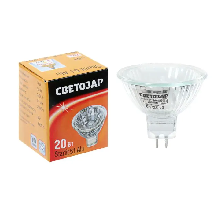 Лампа галогенная "СВЕТОЗАР" с защ. стеклом, алюм. отраж., GU5.3, 20 Вт, 2900 К, 12 В, d 51мм