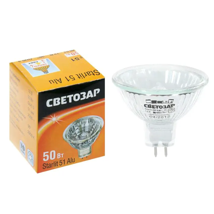 Лампа галогенная "СВЕТОЗАР" с защ. стеклом, алюм. отраж., GU5.3, 50 Вт, 2900 К, 12 В, d 51мм