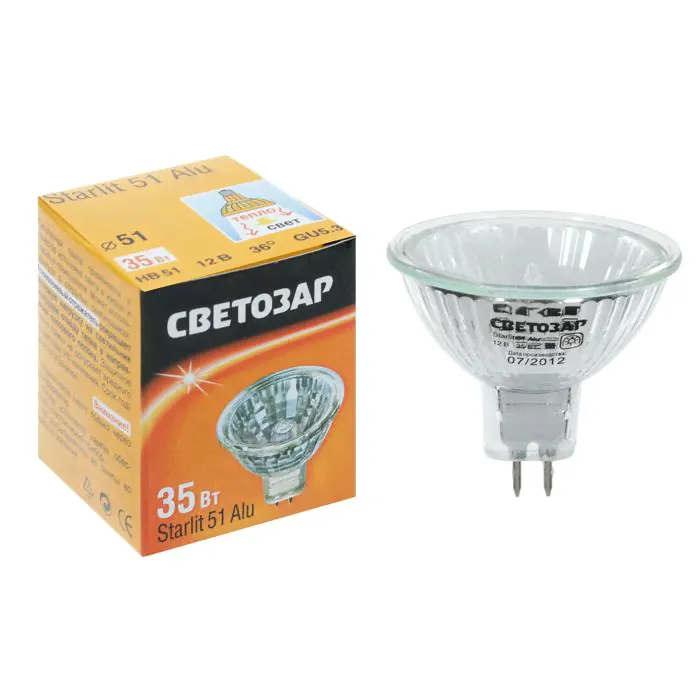 Лампа галогенная "СВЕТОЗАР" с защ. стеклом, алюм. отраж., GU5.3, 35 Вт, 2900 К, 12 В, d 51мм